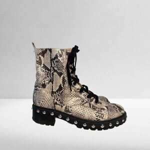 Schutz Andrea Studded Faux Snakeskin Print Leather Lace up Combat Moto Boots